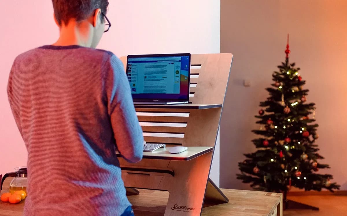 home office, standing desk, living room, christmas, christmas tree, online meeting