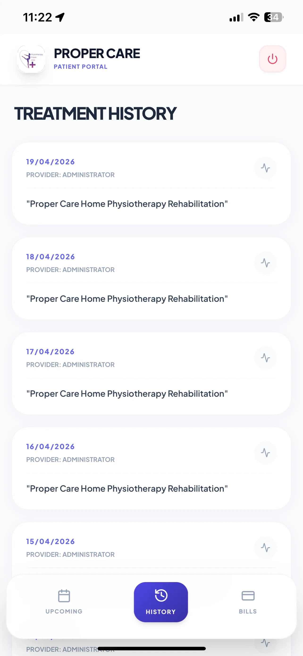 Proper Care patient portal treatment history screen