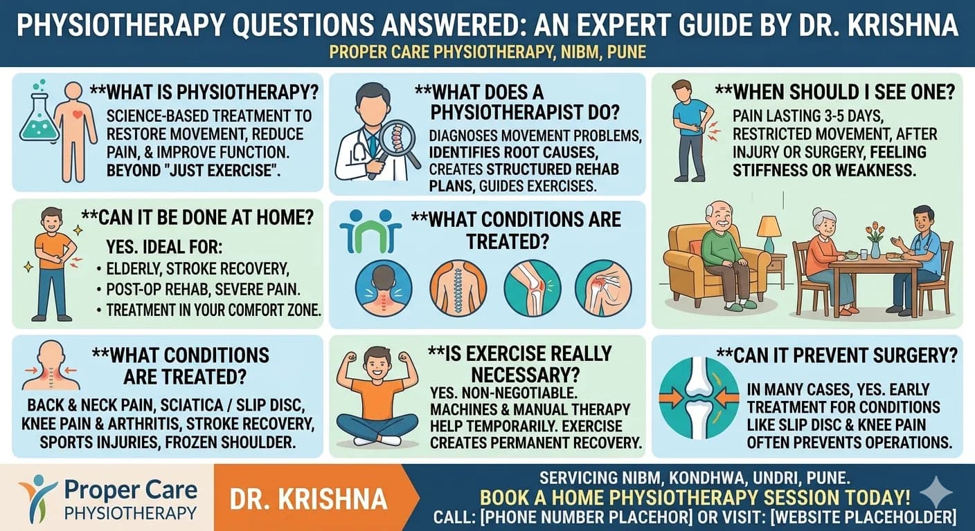 Patient education graphic answering common physiotherapy questions in Pune