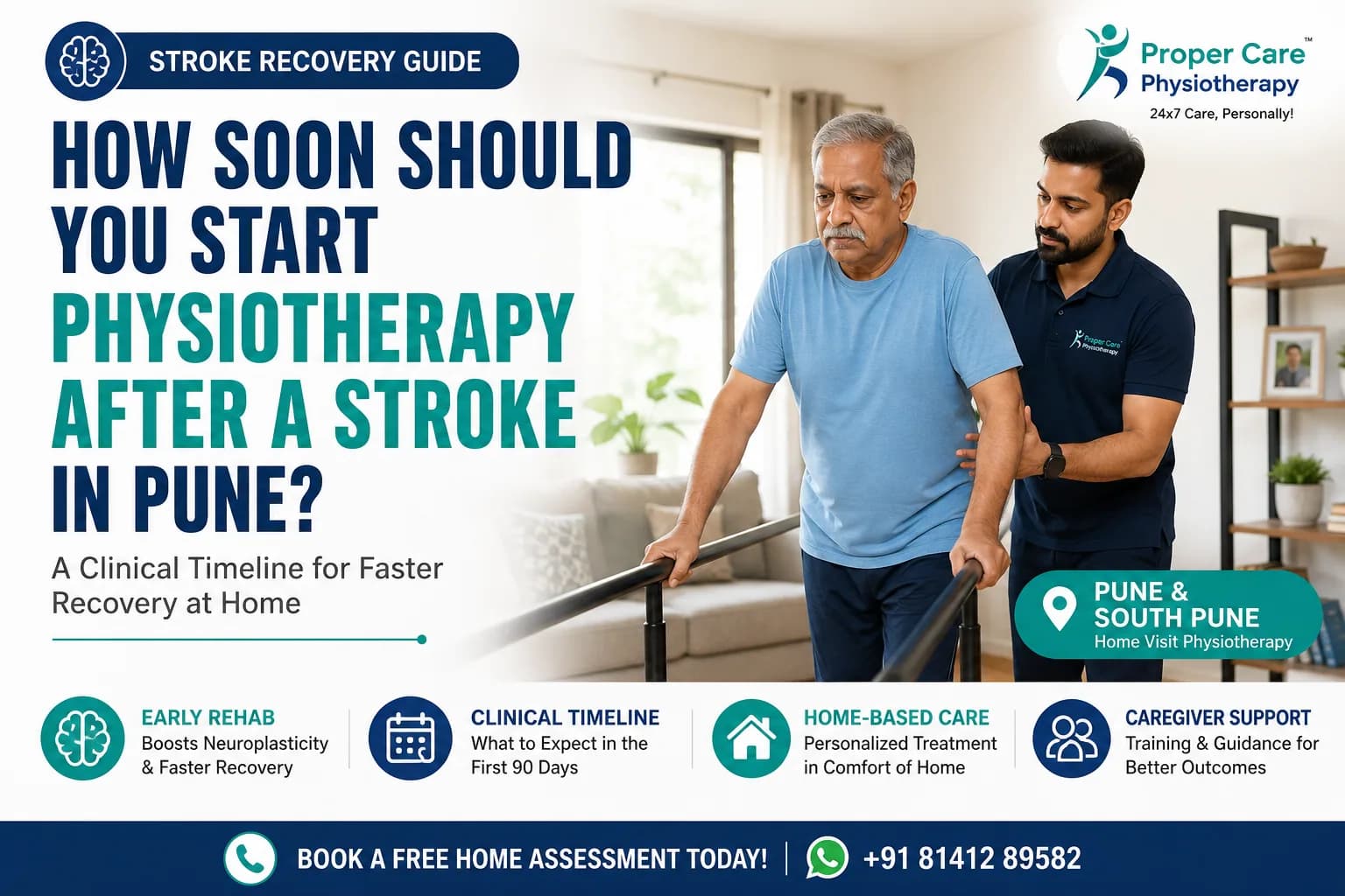 Physiotherapist guiding stroke patient through standing balance exercise during home visit in Pune
