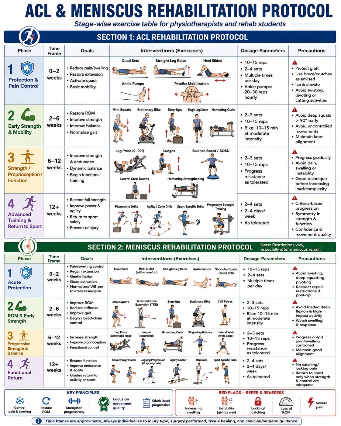 Here is ACL + Meniscus tear exercise protocol combined in single table for physiotherapist and patients. 