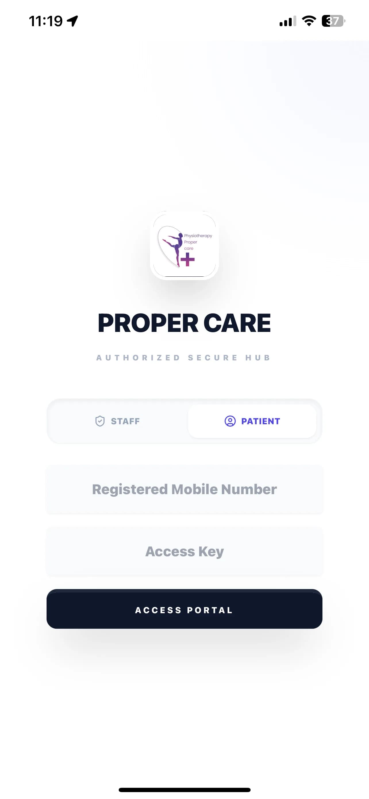 Proper Care patient portal login screen