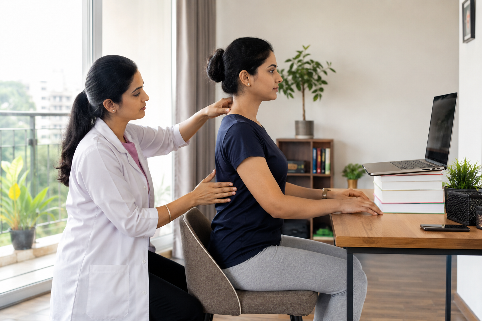 Dr Krishna assessing desk posture and neck movement during a home physiotherapy visit in Pune